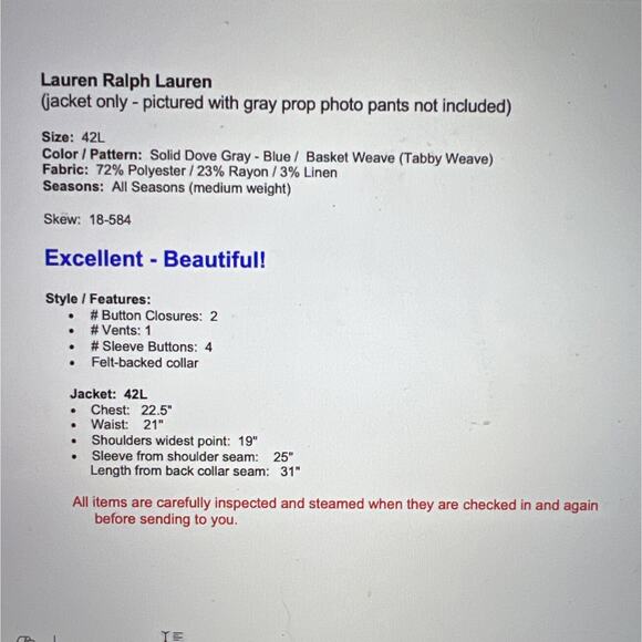 Ralph Lauren Blazer 42L Dove Gray - Blue Linen Blend Basket Weave Jacket - Picture 8 of 12